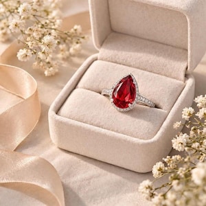 Può includere: Anello in argento con una gemma rossa a forma di goccia, circondata da piccole pietre trasparenti. L'anello è esposto in un portagioie beige aperto, con fiori bianchi e un nastro sullo sfondo.