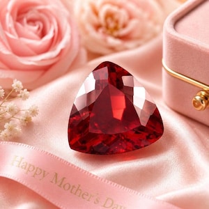 Può includere: Una grande gemma triangolare, sfaccettata, rosso intenso. La gemma è posta su una superficie di raso rosa, con un nastro rosa con la scritta "Happy Mother's Day". Sullo sfondo ci sono rose rosa e un portagioie.