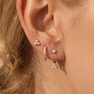 18K Gold Filled Ear Jacket Earrings, Front Back Studs, 3 Piece Earring Set, CZ Pave Huggie Hoops, Trinity Stud, Minimalist Ear Stack