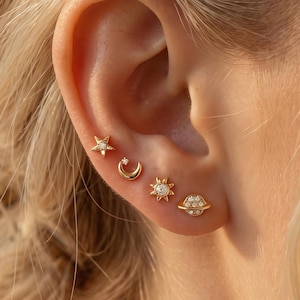 18K Gold Filled Celestial Flat Back Stud Earrings Set, CZ Moon Sun Star Planet Cartilage Earrings, Dainty Helix Jewelry Gift For Her