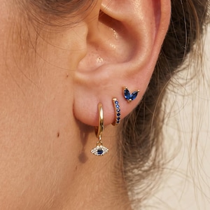 Conjunto de pendientes de oro laminado de 18 quilates con circonitas cúbicas azules, aros pequeños y delicados, con múltiples perforaciones, joyería minimalista estilo boho, regalo para ella.