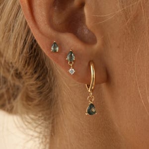 18k gold Gold Plated Green Moss CZ Hoop Earrings et, Dainty tud & Drop Charm Ear Stack Jewelry, Minimal Elegant Gift for Her