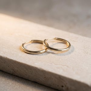 Könnte beinhalten: Ein Paar kleine, polierte Gold-Creolen mit glattem, kreisförmigem Design. Die Ohrringe verfügen über eine einfache, durchgehende Ringkonstruktion mit einem Klappverschluss und weisen durchgehend eine helle, reflektierende Metalloberfläche auf.