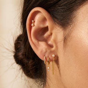 May include: Close-up of a person's ear adorned with multiple gold earrings. The earrings include small studs with pearls, delicate hoops with clear stones, and a dangling chain earring with a pearl and a small charm.