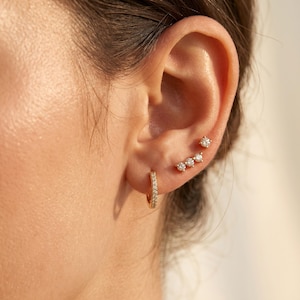 925 Sterling Silver 3-Piece Ear Stack Set, CZ Stud Earrings, Triple CZ Stud, Pavé Huggie Hoop, Gold Minimal Hoop Earrings Gift for Her