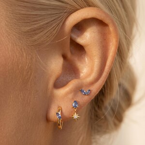 925 Sterling Silver Blue CZ Star Hoop Earrings Set, Gold Plated Celestial Stud & Drop Huggie Earrings, Minimal Jewelry Gift for Her