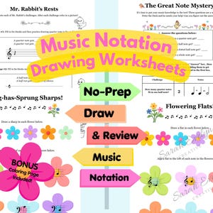 May include: A collection of music notation drawing worksheets featuring spring-themed illustrations of flowers, rabbits, and ducks. The pages include exercises for drawing quarter notes, rests, sharps, and flats, with a bonus colouring page included.