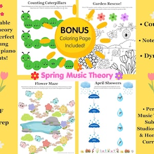 Könnte beinhalten: Vier druckbare Musiktheorie-Spiele für junge Klavieranfänger. Enthält eine Bonus-Malvorlage. Übungen zum Zählen, Noten üben und Dynamik. Perfekt für Musiklehrer, Studios und Lehrpläne für den Hausunterricht.