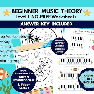 May include: A set of beginner music theory worksheets featuring sea-themed graphics, including an otter, dolphins, and piano keys. The pages include colour-by-key, key matching, colour-by-symbol, and key spelling exercises with an answer key included.