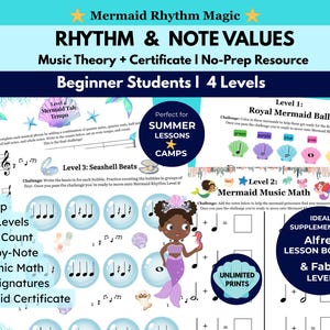 May include: A music theory educational resource titled Mermaid Rhythm Magic featuring four levels of rhythm and note value exercises. The pages include illustrations of mermaids, seashells, and bubbles, with activities like colour-by-note, rhythmic math, and counting beats for beginner students.
