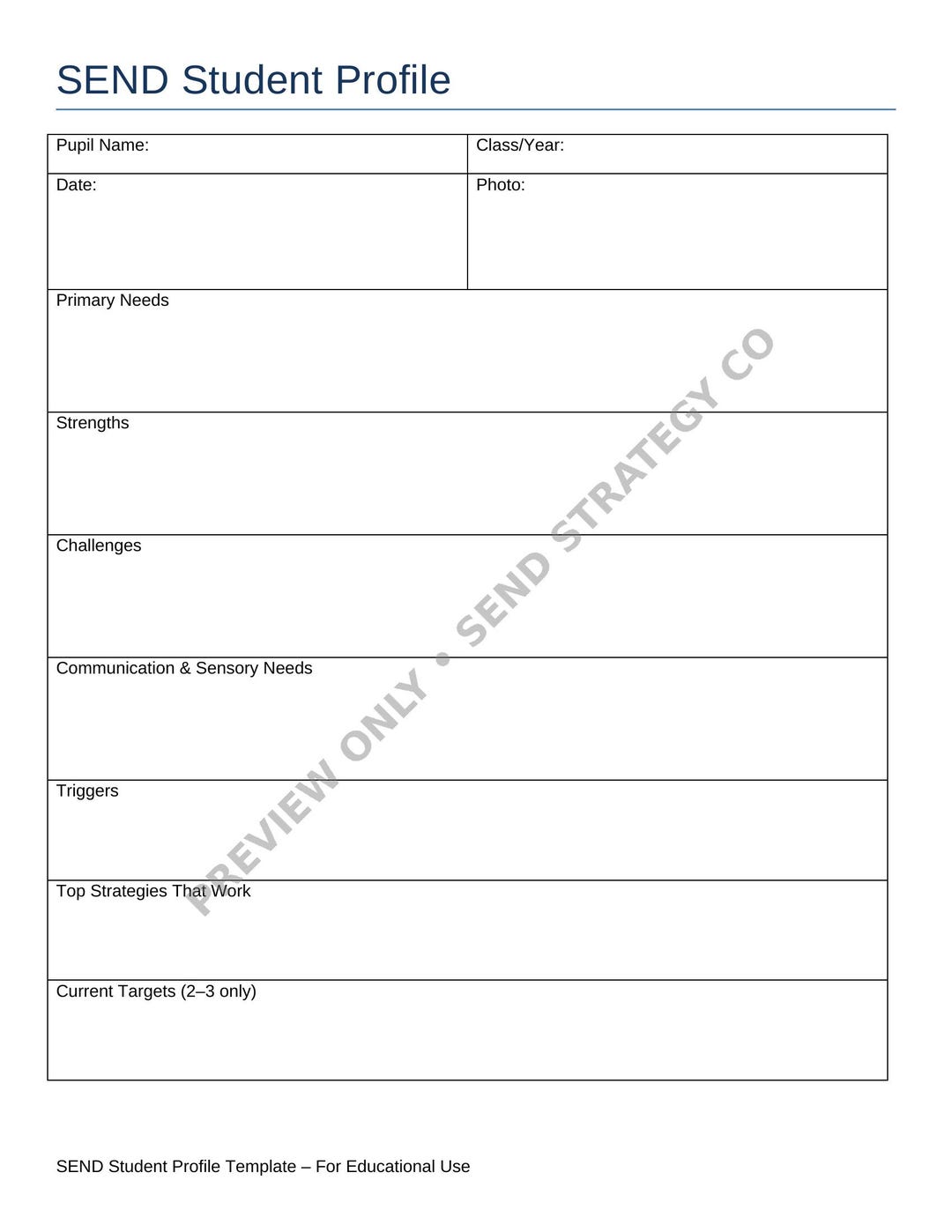 SEND Student Profile Template | Editable SENCO Documentation (word ...