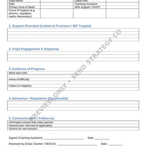 Puede incluir: Un formulario blanco de registro diario de apoyo para asistentes de enseñanza (SEND) con encabezados en azul. Incluye campos para el nombre del alumno, fecha, clase y detalles de apoyo, además de secciones para progreso y seguimiento.