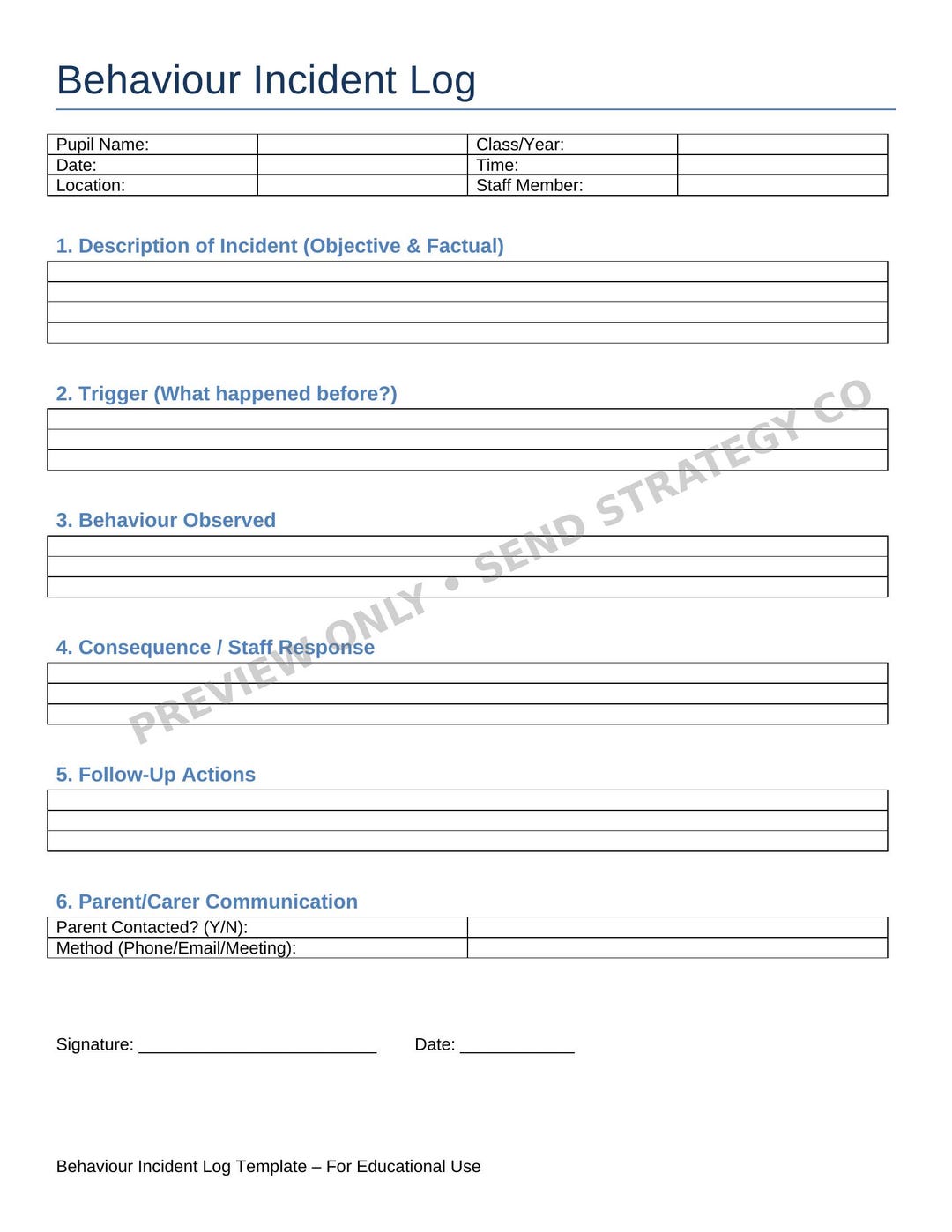 Behaviour Incident Log Template | SEND Documentation | Behaviour ...