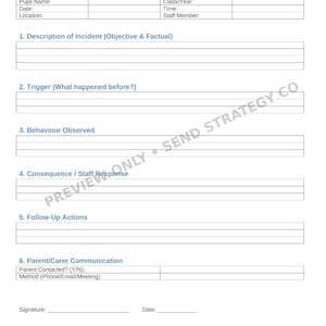 Può includere: Un modello di registro degli incidenti comportamentali per uso educativo. Il documento include sezioni per le informazioni sullo studente, la descrizione dell'incidente, i fattori scatenanti, il comportamento osservato, le conseguenze, le azioni di follow-up e la comunicazione con i genitori. Il layout è pulito con sfondo bianco e testo nero.