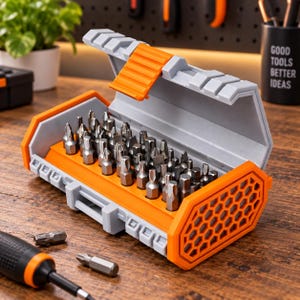 May include: A grey and orange plastic storage case containing a set of various metal screwdriver bits. The case features a hexagonal honeycomb pattern on the sides and a hinged lid. Two individual metal screwdriver bits lie on the surface.
