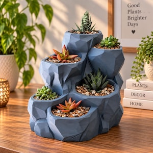 Multi Plant Pot, Succulent & Cactus Planter, 6 Section Small Plant Pot, Indoor Planter, Modern Rock Style Plant Decor