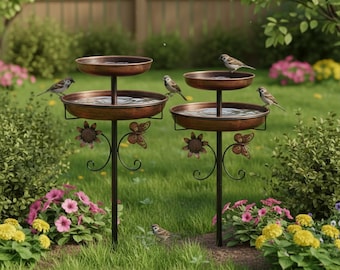 Rain Catcher Garden Stake Rusted Metal Bird Bath Pollinator Water Feeder Outdoor Decor