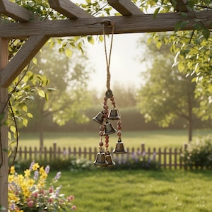 Puede incluir: Un carillón de viento colgante con campanas de color bronce y cuentas de madera. El carillón está suspendido de una viga de madera con una cuerda natural. Las campanas están dispuestas en cascada, creando un acento decorativo exterior.