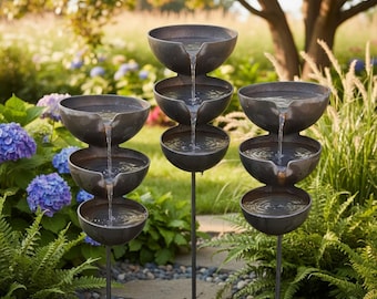 Rustic Rain Catcher Garden Stake Bird Bath Pollinator Water Feature Metal Yard Decor