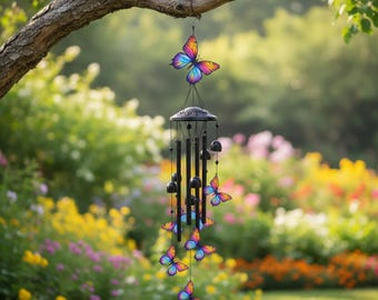 Colorful Butterfly Wind Chime Outdoor Garden Decor Metal Hanging Patio Gift Whimsical