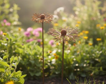 Metal Flower Stakes, Blue Cornflower Yard Art, Outdoor Metal Decor, Rustic Floral Gift