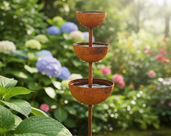 Rust Patina Rain Catcher Garden Stake Bird Bath Pollinator Water Dish Outdoor Garden Decor