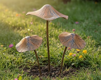 Mushroom Garden Stakes Rustic Metal Yard Art Outdoor Decor Whimsical Fairy Landscaping Set