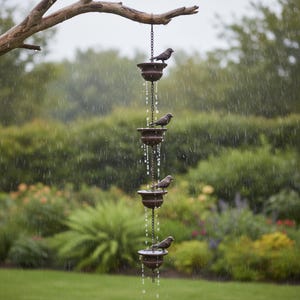 May include: A decorative rain chain with four bronze-colored bowls, each adorned with a small bird figurine. The chain hangs from a tree branch, with water cascading down during a rain shower, set against a backdrop of green foliage.