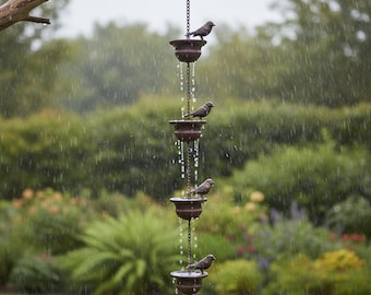 Iron Bird Rain Chain, Rustic Garden Gutter Diverter, Decorative Outdoor Rain Catcher, Handmade