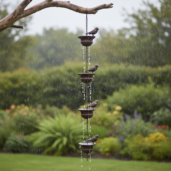 Iron Bird Rain Chain, Rustic Garden Gutter Diverter, Decorative Outdoor Rain Catcher, Handmade