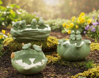 Ceramic Bird Bath Twin Birds Feeder Outdoor Garden Decor Vintage Patio Yard Ornament