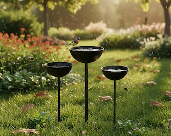 Rain Catcher Garden Stake, Metal Bird Bath, Bee Butterfly Pollinator Water Bowl Outdoor Decor