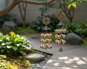 Japanese Ceramic Wind Chime, Copper Bell Garden Decor, Outdoor Patio Hanging Zen Gift