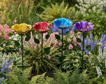 Handcrafted Flower Bird Bath Garden Stake, Water Basin for Birds, Bees, Butterfly & Hummingbird Feeder