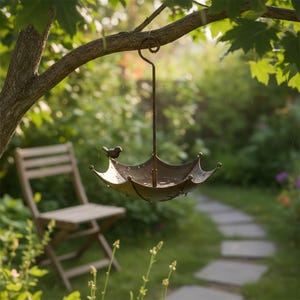 Vintage Umbrella Bird Feeder, Rustic Metal Hanging Seed Tray, Outdoor Garden Decor Gift