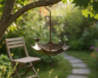 Vintage Umbrella Bird Feeder, Rustic Metal Hanging Seed Tray, Outdoor Garden Decor Gift