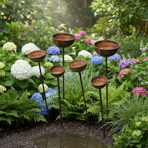 Może przedstawiać: Kolekcja rustykalnych metalowych poideł dla ptaków w ogrodzie. Poidła mają płytką miseczkowatą konstrukcję i są zamontowane na smukłych, wysokich łodygach. Ogród charakteryzuje się bujną zielenią i kolorowymi kwiatami hortensji.