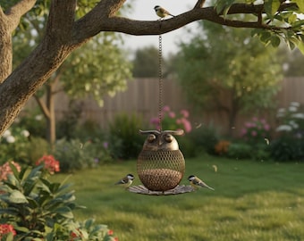 Comedero colgante con forma de búho, soporte de malla metálica para semillas, decoración para jardín con fauna silvestre, regalo para el jardín.
