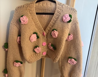 Handmade, Beige crop Cardigan, Pink Rose Knit Jacket, Cottagecore Sweater