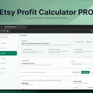 Könnte beinhalten: Screenshot des Etsy Profit Calculator PRO. Der Rechner bietet Live-Preise, Gebühren, Margen und Break-Even-Analysen. Die Oberfläche umfasst Abschnitte für Produktdetails und Live-Ergebnisse, ideal für Etsy-Verkäufer.