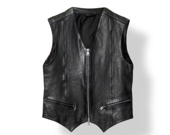 Men's Black Leather Vest Zip Front Sleeveless Biker Waistcoat Classic Minimal Motorcycle Outerwear