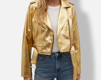 Women's Gold Leather Cropped Jacket Metallic Biker Style Zip Moto Fashion Outerwear