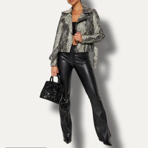 Womens Gray Snakeskin Moto Jacket Belted Biker Leather Outerwear