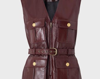 Womens Brown Leather Vest Belted Utility Safari Style Sleeveless Jacket Pockets