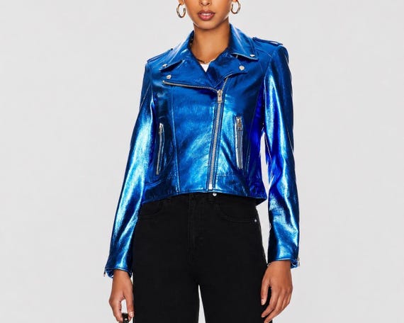Metallic Blue Leather Jacket Women Cropped Moto Biker Slim Fit Fashion Jacket