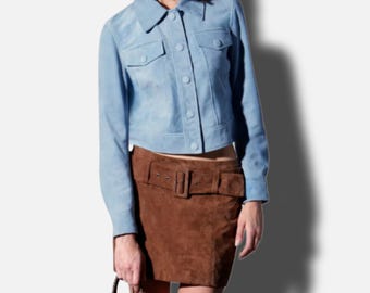 Women's Blue Suede Cropped Jacket Button Front Casual Short Coat Minimal Outerwear