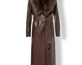Brown Leather Long Coat Women Fur Collar Belted Winter Coat Elegant Overcoat