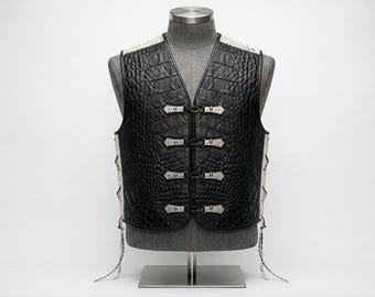 Herren Schwarz Krokodil Lederweste Western Biker Lace Side Motorrad Weste Gothic Style