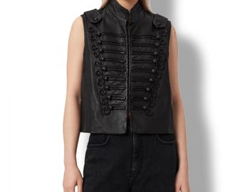 Black Leather Military Vest Women Hussar Band Sleeveless Gothic Statement Jacket