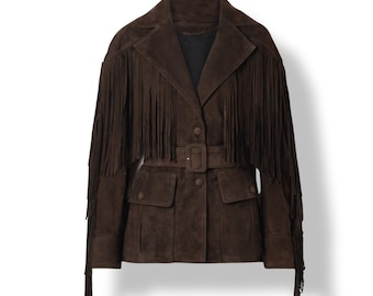 Brown Suede Fringe Jacket Women Western Cowgirl Leather Jacket Belted Vintage Style